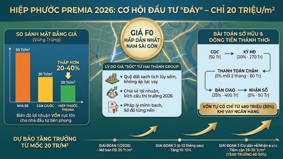 Biểu đồ phân tích tiềm năng tăng giá đất nền Hiệp Phước Premia nhờ hạ tầng cao tốc Bến Lức - Long Thành