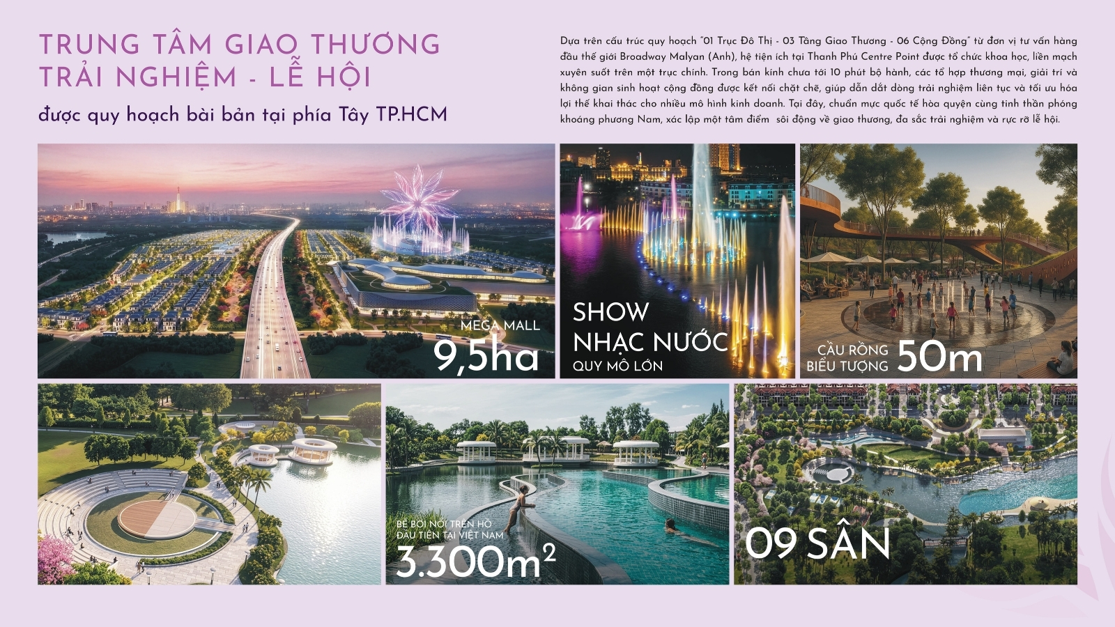 Hệ thống tiện ích nội khu đẳng cấp với bể bơi nổi và công viên trung tâm.